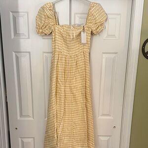 Reformation Yellow linen Gingham Puff-Sleeve Dress